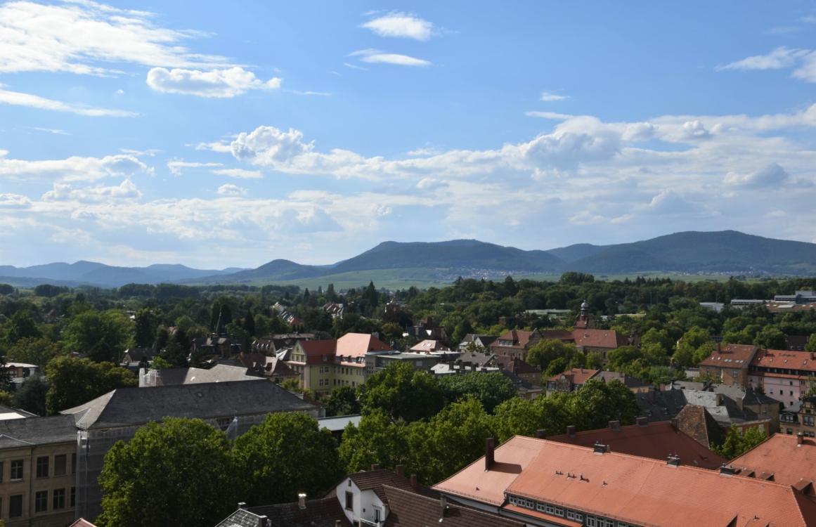 Aussicht auf die Dächer einer Stadt mit Bergen im Hintergrund