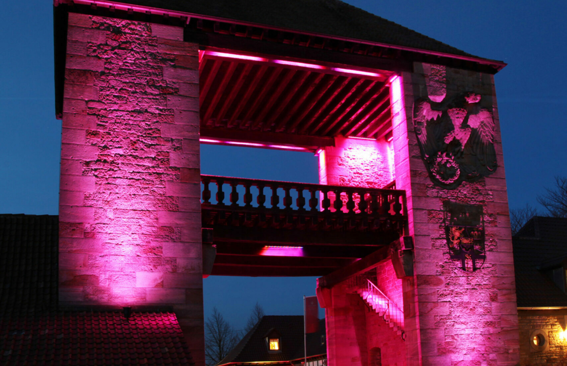 Das Deutsche Weintor in Schweigen-Rechtenbach rosa beleuchtet.